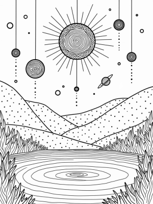 Tranquil Cosmic Garden with Floating Orbs and Mandala