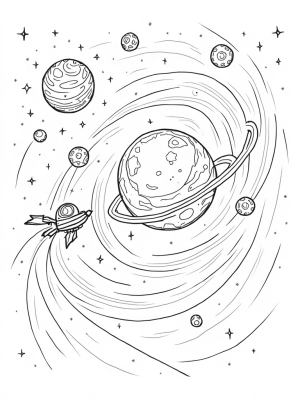 Vibrant Galaxy with Luminous Planet and Whimsical Rocket Ship