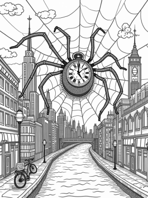Spider Cityscape with Colorful Web and Giant Clock