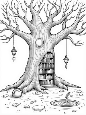 Magical Tree Library with Floating Books