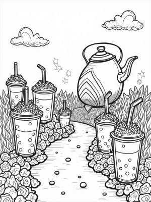 Boba Tea Garden with Giant Cups and a Tea Kettle