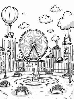 Vintage Cars and Balloon Clouds in a Whimsical Cityscape