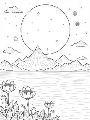 Moonlit Nightscape with Floating Lanterns and Giant Flowers