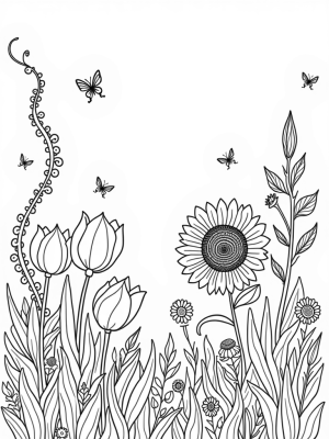 Oversized Tulips and Spiraling Vines in a Garden