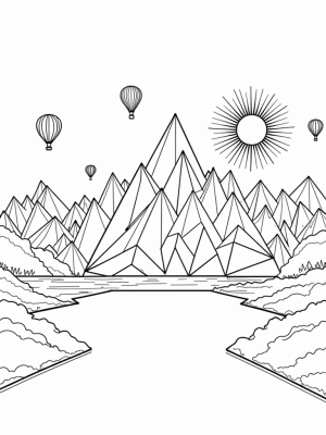 Triangular Mountain Landscape with Floating Balloons