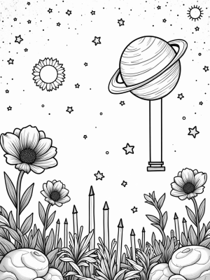 Cosmic Garden with Stardust Flowers and Orbiting Planets