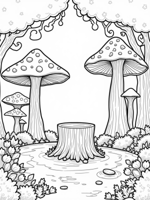Oversized Mushrooms and a Tree Stump Table