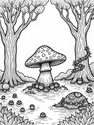 Giant Mushroom and Curious Footprints in the Forest Clearing