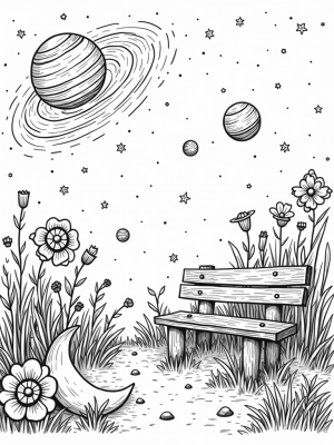 Cosmic Garden with Blooming Planets and a Crescent Moon