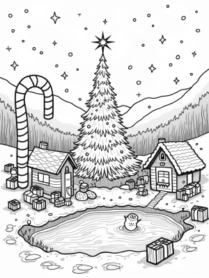 Holiday Village with Candy Canes and a Christmas Tree