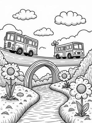 Floating Buses in a Whimsical Cityscape