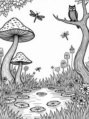Magical Forest Glade with Dragonflies and Mushrooms