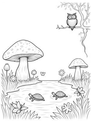 Giant Mushrooms and Turtles in a Serene Pond