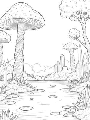 Mystical Forest Clearing with Giant Mushrooms and Crystals