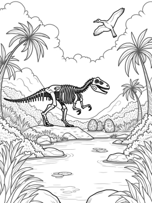 Dinosaur Skeleton in a Prehistoric Jungle