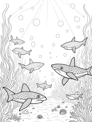 Underwater World with Whimsical Sharks and Kelp