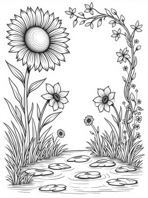 Oversized Flowers and a Spiraling Sunflower in a Garden
