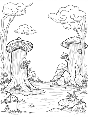 Enchanting Woodland Clearing with Giant Mushrooms and a Throne Stump