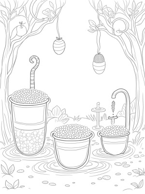 Boba Tea Garden with Oversized Cups and Floating Fruits