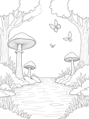 Enchanted Forest Glade with Giant Mushrooms and a Crystal Pond