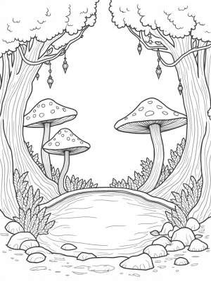 Towering Mushrooms and a Shimmering Pond