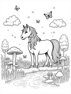 Pony Silhouette in a Meadow of Colorful Mushrooms
