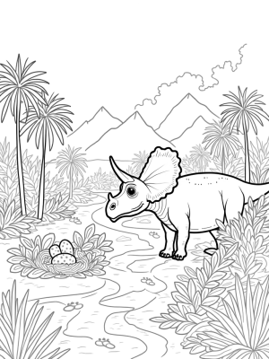 Triceratops Protecting Colorful Eggs in a Prehistoric Jungle