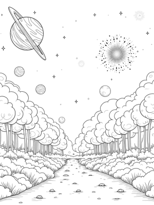 Cosmic Garden with Planets and Rocket Trees