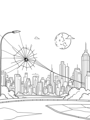Cityscape with Twisted Skyscrapers and Giant Web