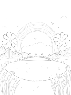 Oversized Flowers and Playful Ponies in a Colorful Meadow