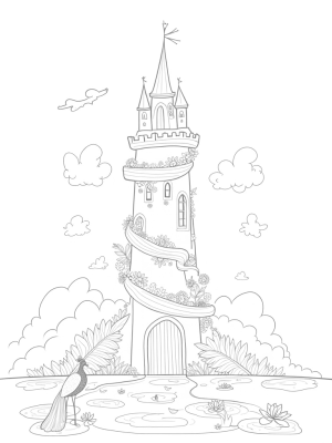 Magical Castle Tower with a Peacock and Dreamy Clouds