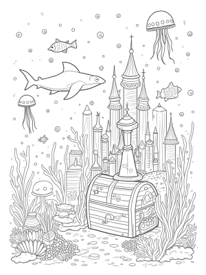 Underwater City with Coral Skyscrapers and a Shark Fountain
