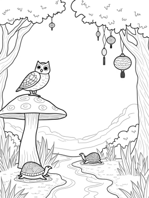 Jungle Scene with Owl, Turtles, and Twisted Tree