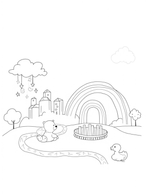 Nursery Skyline with Teddy Bear and Rainbow