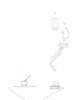 Floating Castle Library with Magical Books and Potions