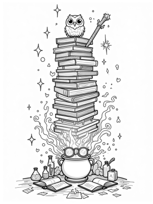Magical Bookshelf with Cauldron and Owl