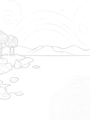 Serene Lake with Floating Circles and Giant Flowers