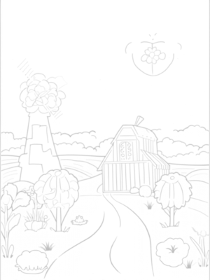 Giant Sunflowers and an Apple Barn Farm Scene
