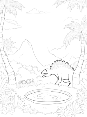 Stegosaurus and Volcanic Spring in a Prehistoric Jungle