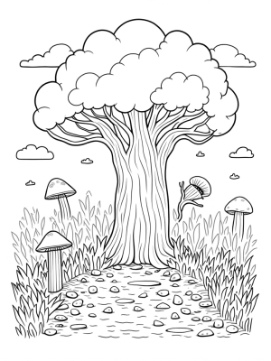 Whimsical Forest with Giant Mushrooms and a Bubbling Brook