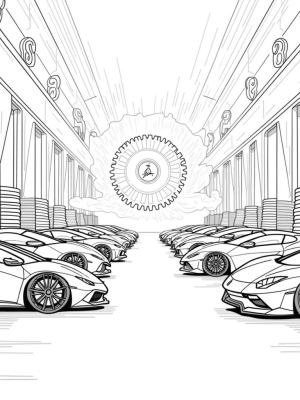 Futuristic Garage with Colorful Lamborghinis and Racing Flags