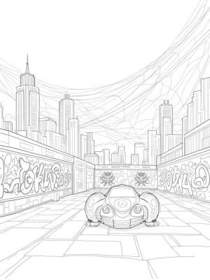 Urban Skyline with Spider Web and Comic Panels
