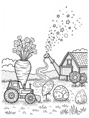 Oversized Carrot and Cosmic Garden Farm Scene