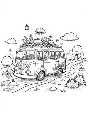 Garden Bus with Flowers and Mushrooms