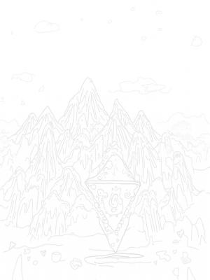 Vibrant Triangular Mountain Range with Prism and Banners