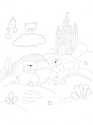 Dreamy Nursery Landscape with Teddy Bears and Rainbows