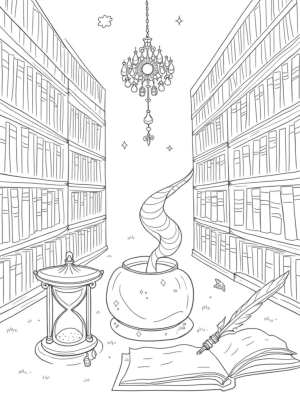 Magical Library with Floating Books and Enchanted Hourglass