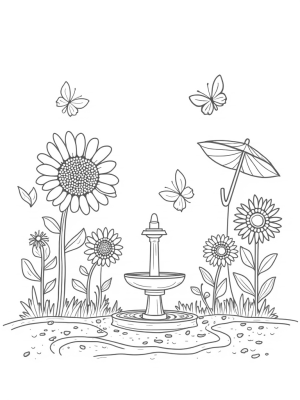 Oversized Flowers and a Fountain in a Whimsical Garden