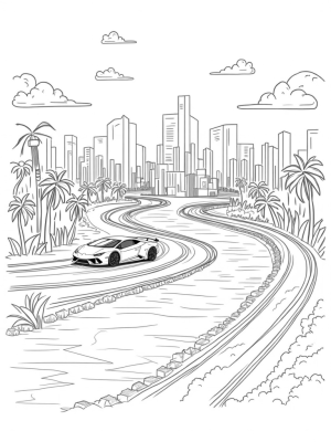 Futuristic Cityscape with Lamborghinis and Chrome Palm Trees