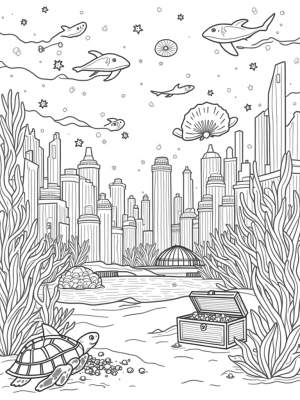 Underwater City with Friendly Sharks and Colorful Fish